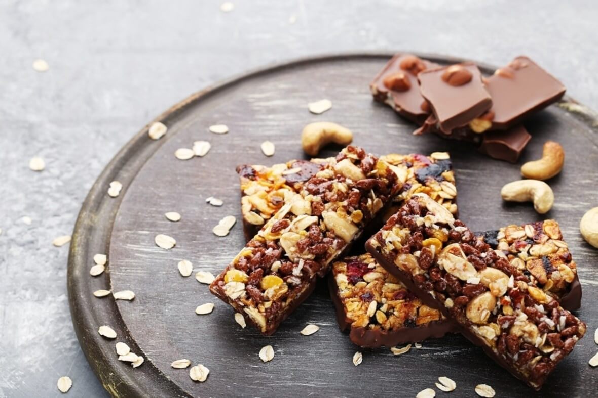 Nutrition bars and chocolate on a serving dish