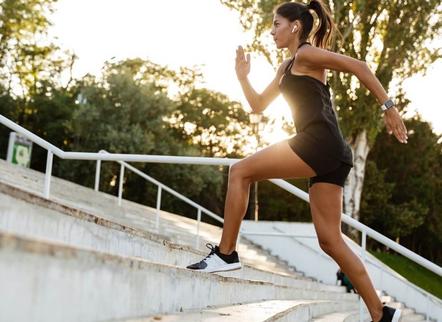 woman running up the stairs