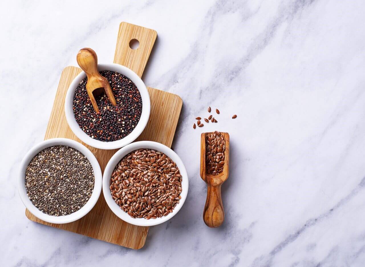 bowls of nuts and grains