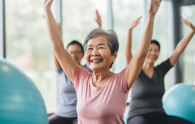 group of senior women doing yoga