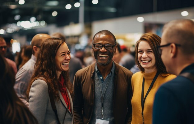 people talking at tradeshow