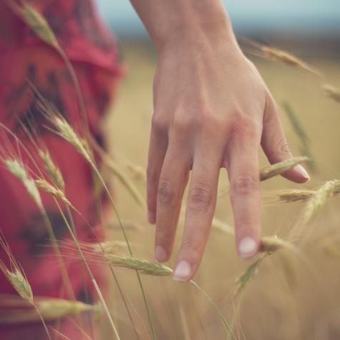 woman walking in oat field 