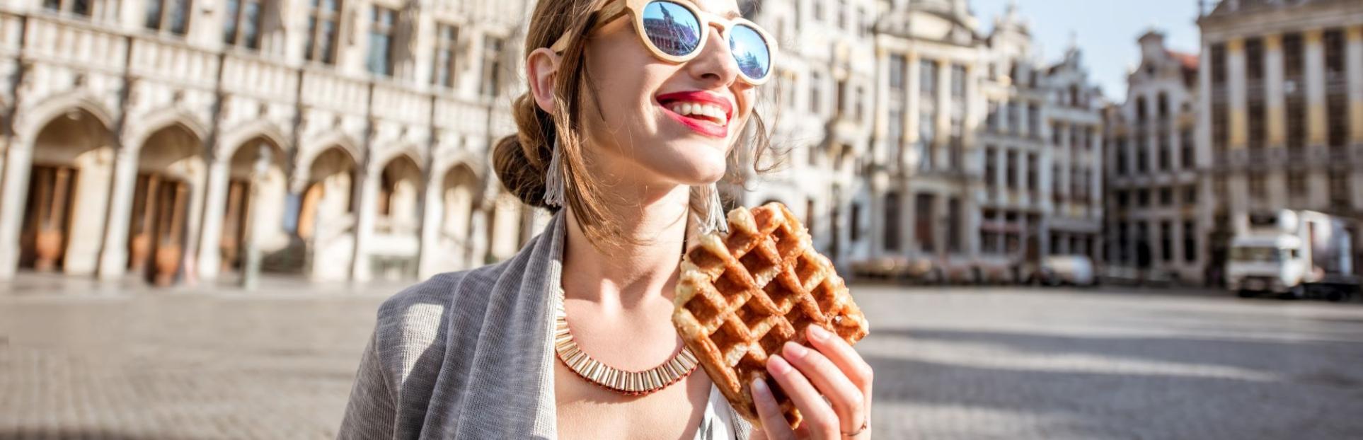 woman eating waffle
