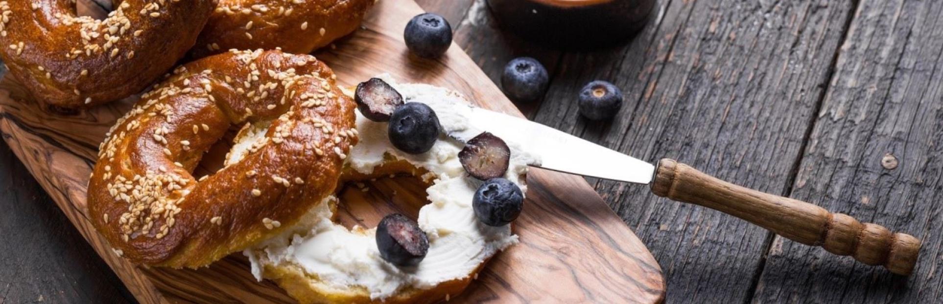 bakery products on wooden sandwich board 