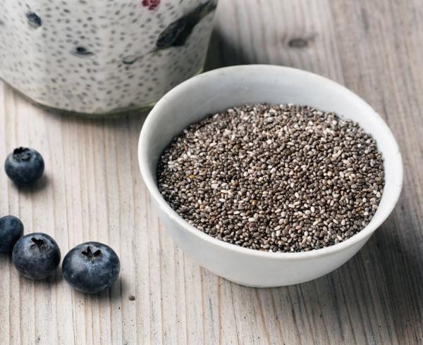 bowl of chia seeds on table