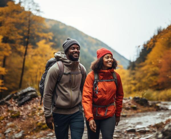 man and woman hiking