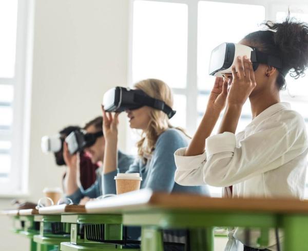 group using virtual reality glasses